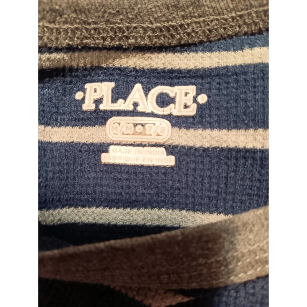 The Childrens Place Boys Thermal Shirt Size 7/8 Blue White Gray Striped Tee